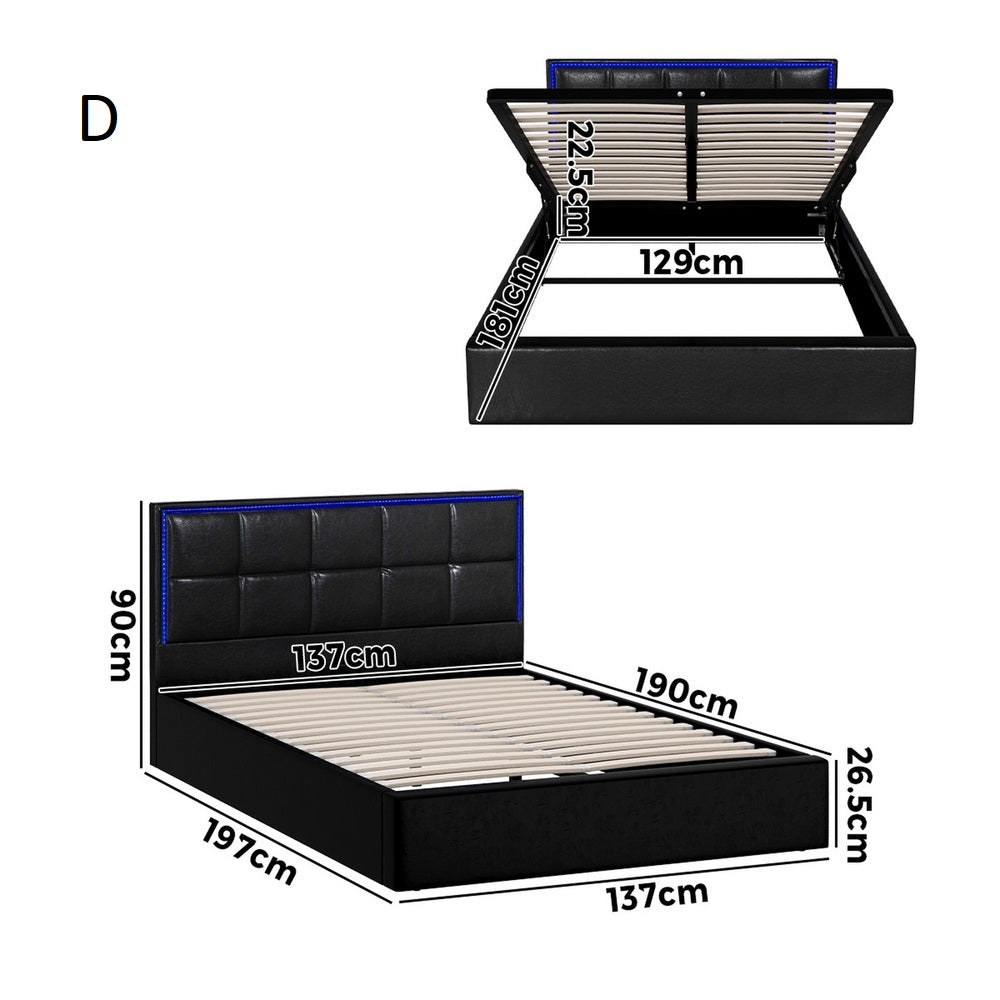 Neom Luxe PU Leather Padded LED Bed Frame | Modern Black PU Leather Gas Lift Storage Bed with LED Lighting