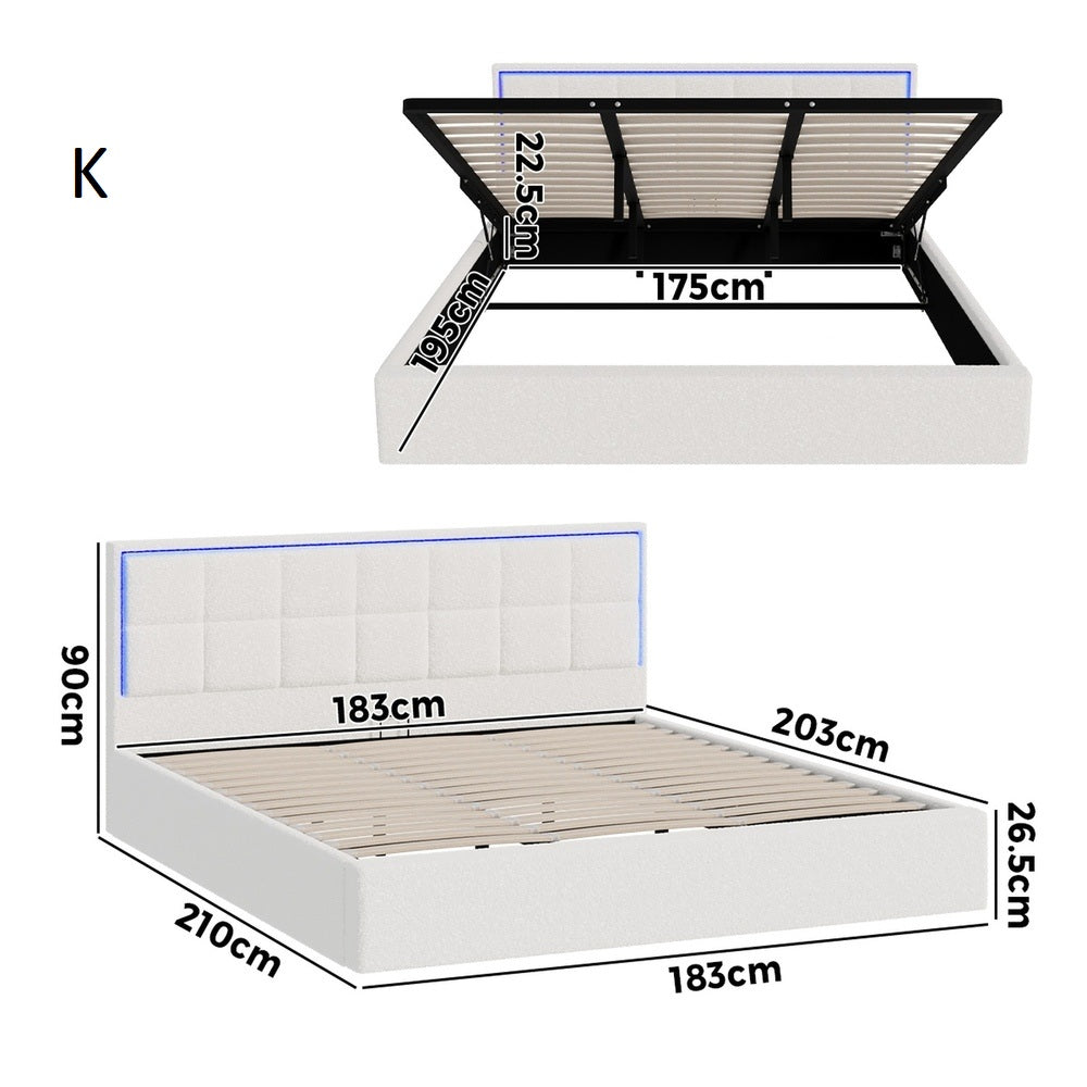 Neom Luxe Teddy Boucle Padded LED Bed Frame | Modern White Boucle Gas Lift Storage Bed with LED Lighting