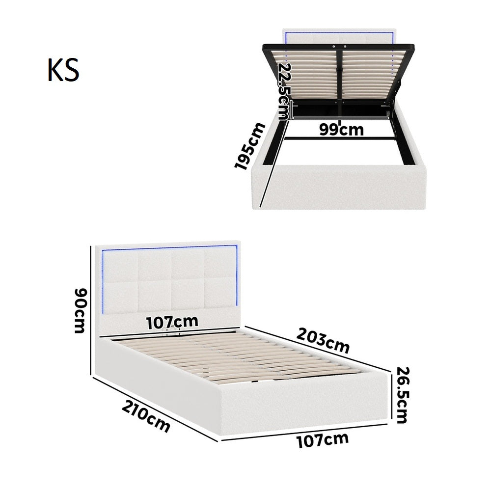 Neom Luxe Teddy Boucle Padded LED Bed Frame | Modern White Boucle Gas Lift Storage Bed with LED Lighting