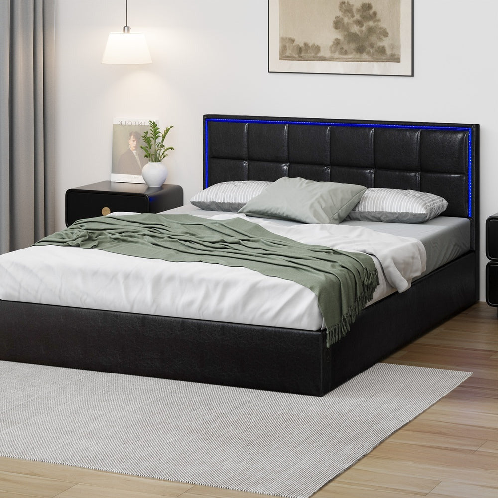 Neom Luxe PU Leather Padded LED Bed Frame | Modern Black PU Leather Gas Lift Storage Bed with LED Lighting