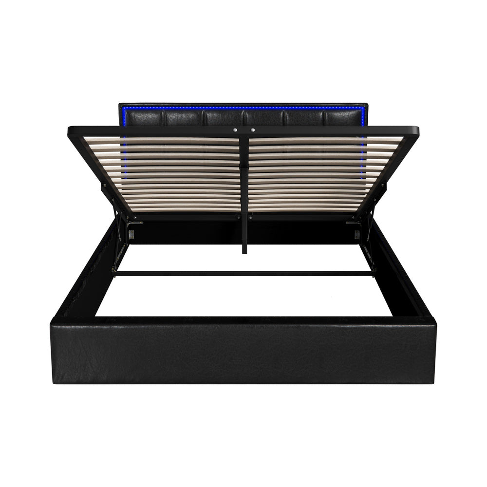 Neom Luxe PU Leather Padded LED Bed Frame | Modern Black PU Leather Gas Lift Storage Bed with LED Lighting