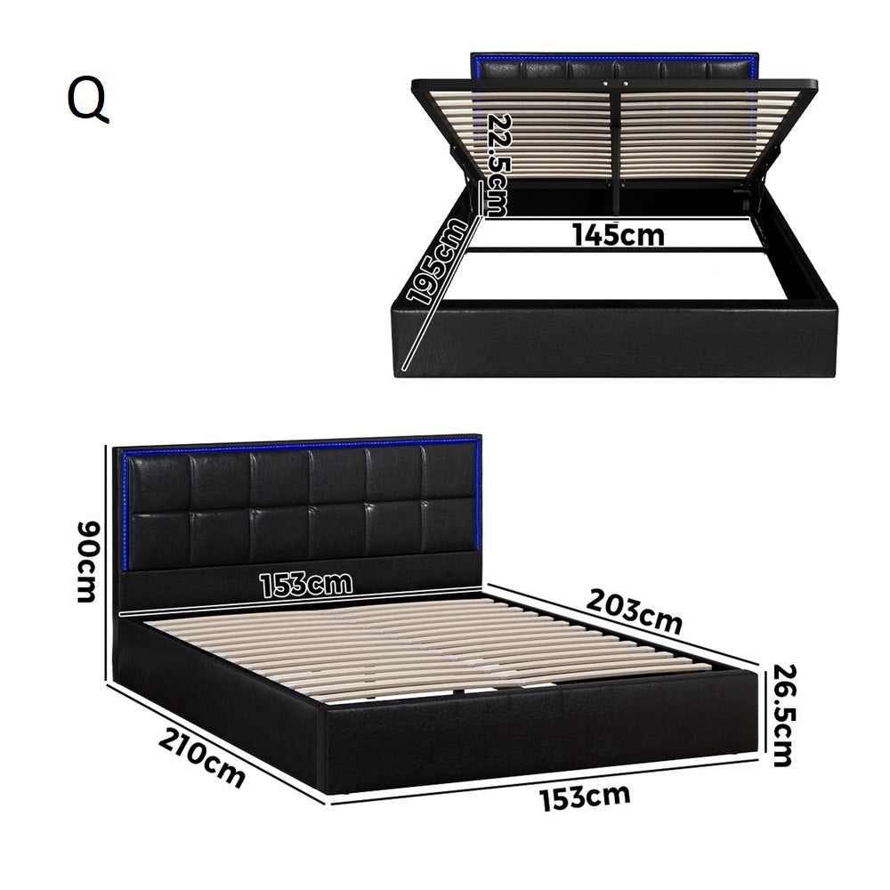 Neom Luxe PU Leather Padded LED Bed Frame | Modern Black PU Leather Gas Lift Storage Bed with LED Lighting