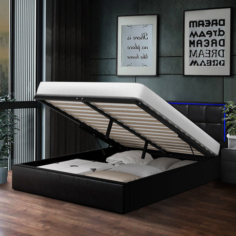 Neom Luxe PU Leather Padded LED Bed Frame | Modern Black PU Leather Gas Lift Storage Bed with LED Lighting