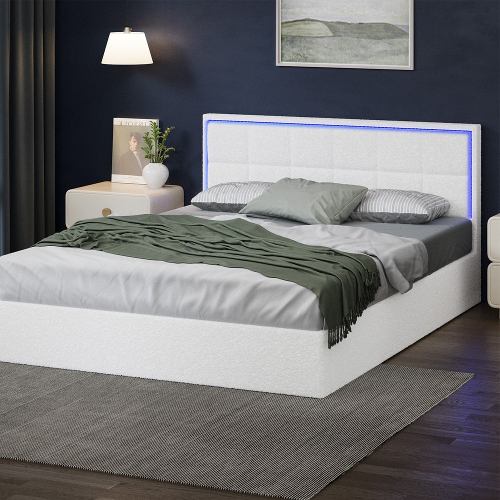 Neom Luxe Teddy Boucle Padded LED Bed Frame | Modern White Boucle Gas Lift Storage Bed with LED Lighting