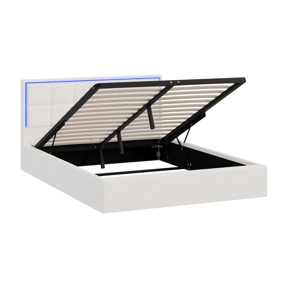 Neom Luxe Teddy Boucle Padded LED Bed Frame | Modern White Boucle Gas Lift Storage Bed with LED Lighting