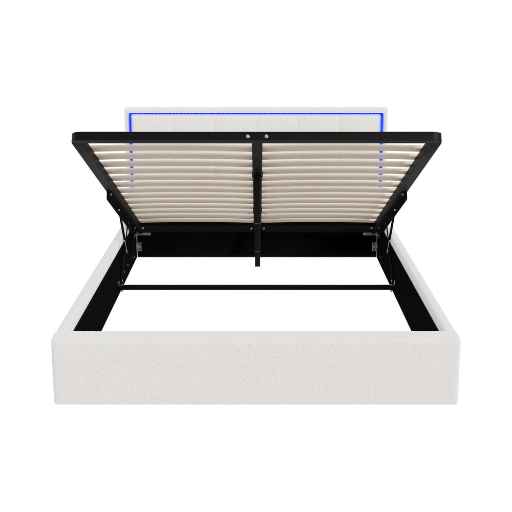 Neom Luxe Teddy Boucle Padded LED Bed Frame | Modern White Boucle Gas Lift Storage Bed with LED Lighting