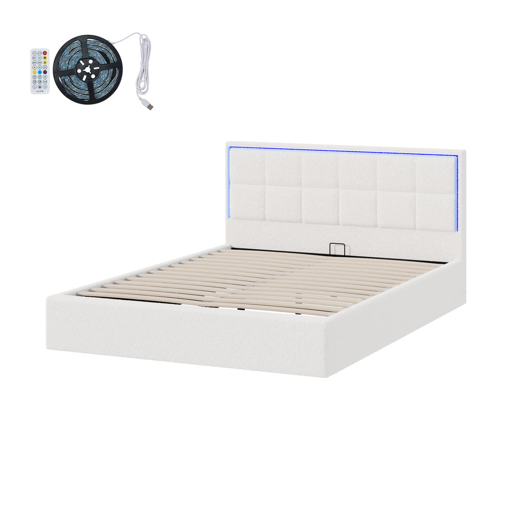Neom Luxe Teddy Boucle Padded LED Bed Frame | Modern White Boucle Gas Lift Storage Bed with LED Lighting