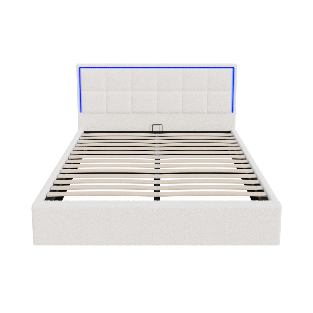 Neom Luxe Teddy Boucle Padded LED Bed Frame | Modern White Boucle Gas Lift Storage Bed with LED Lighting