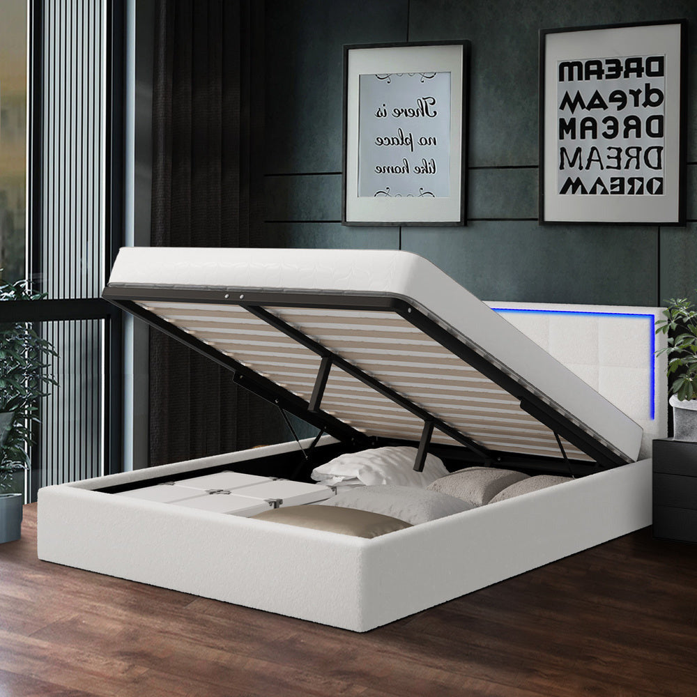 Neom Luxe Teddy Boucle Padded LED Bed Frame | Modern White Boucle Gas Lift Storage Bed with LED Lighting