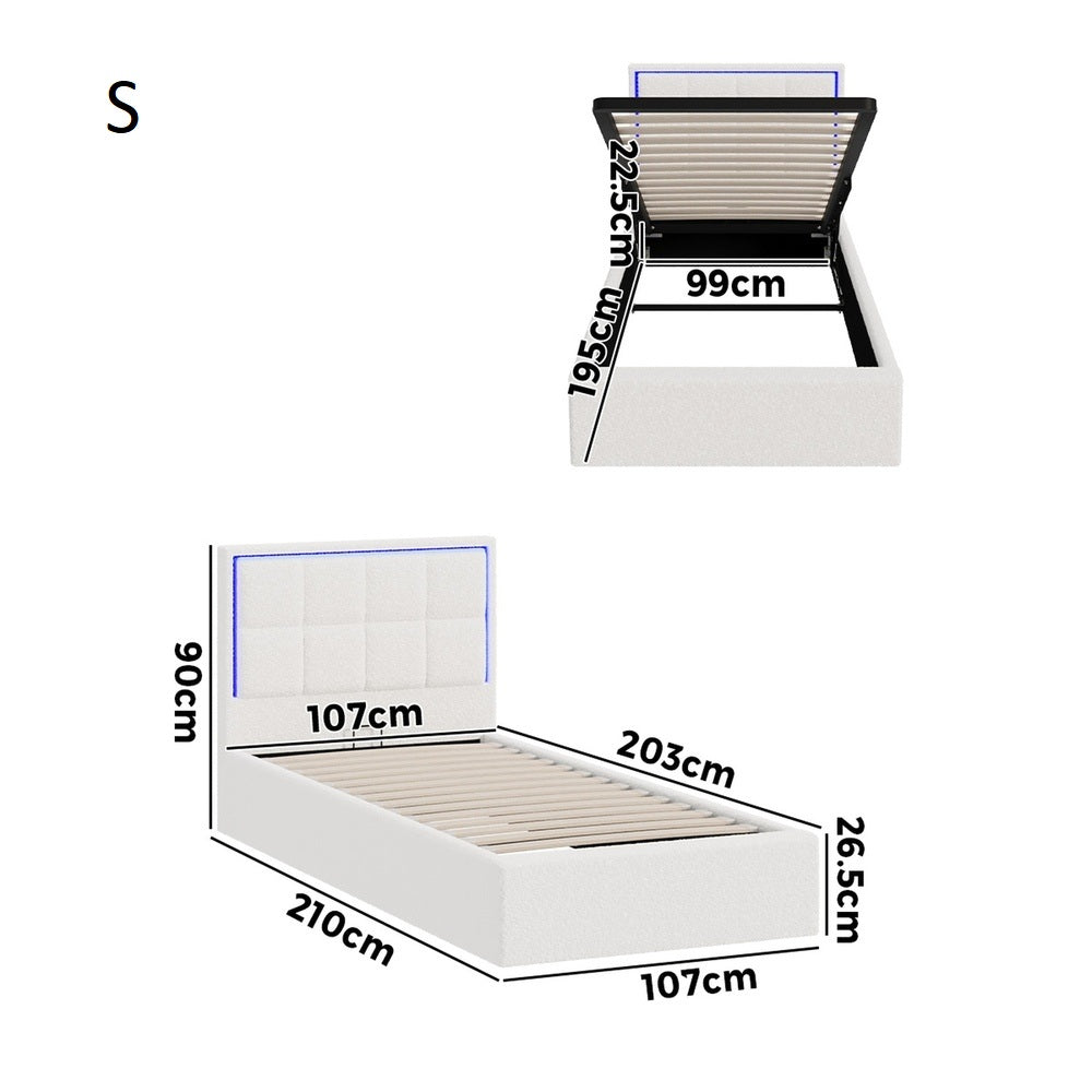 Neom Luxe Teddy Boucle Padded LED Bed Frame | Modern White Boucle Gas Lift Storage Bed with LED Lighting