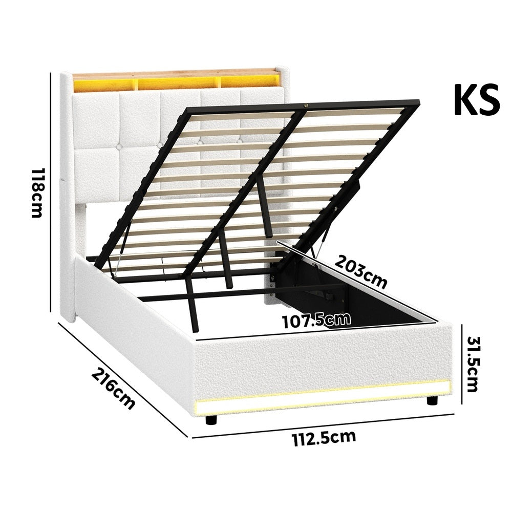 Verona Boucle LED Gas Lift Storage Bed | White Fabric Space Saver Ambient Lighting Bed Frame