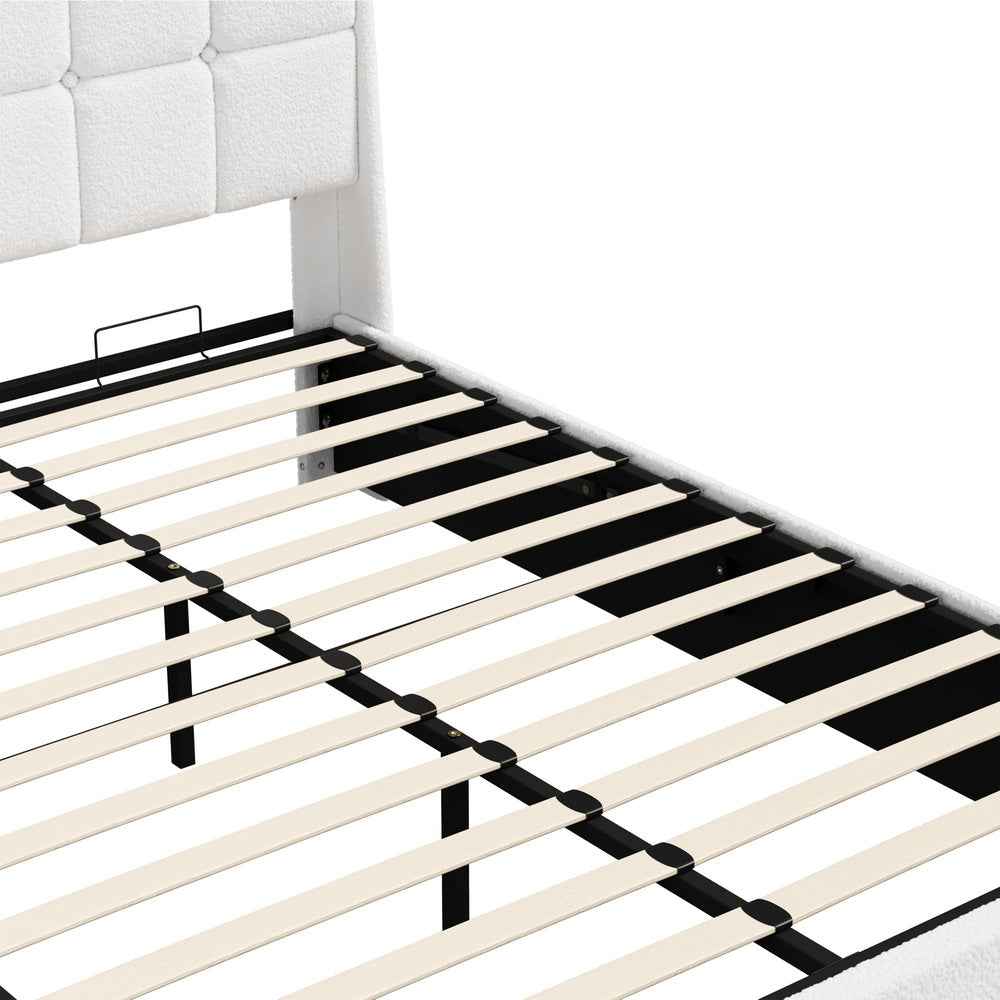 Verona Boucle LED Gas Lift Storage Bed | White Fabric Space Saver Ambient Lighting Bed Frame