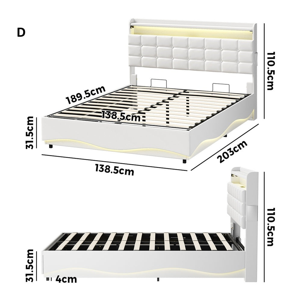 Monterro LED Gas Lift Storage Bed with USB Charging | PU Leather White LED Lights Bed Frame Dual Storage