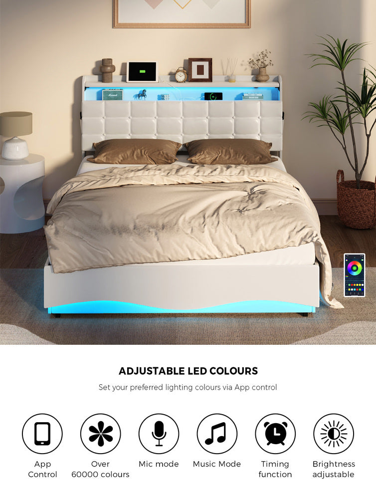 Monterro LED Gas Lift Storage Bed with USB Charging | PU Leather White LED Lights Bed Frame Dual Storage