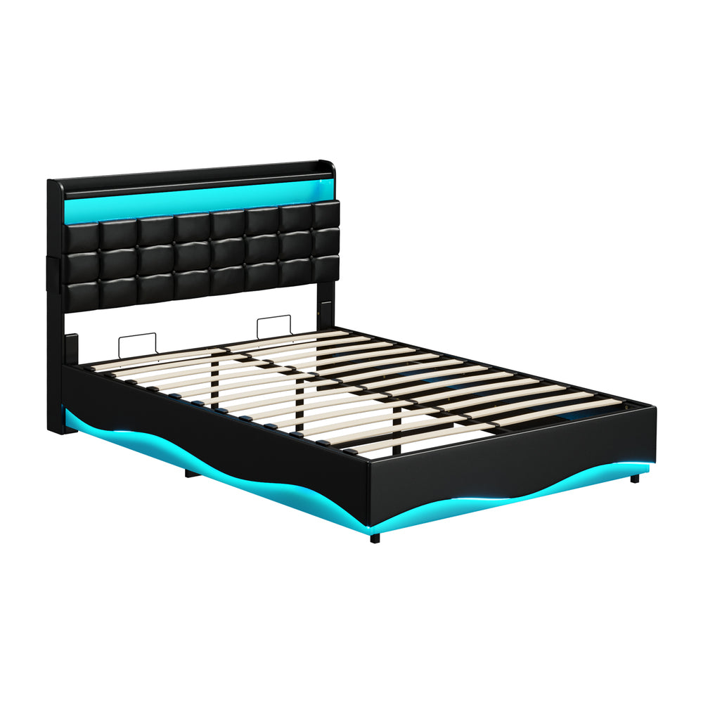 Nero LED Gas Lift Storage Bed with USB Charging | PU Leather Black LED Lights Bed Frame Dual Storage