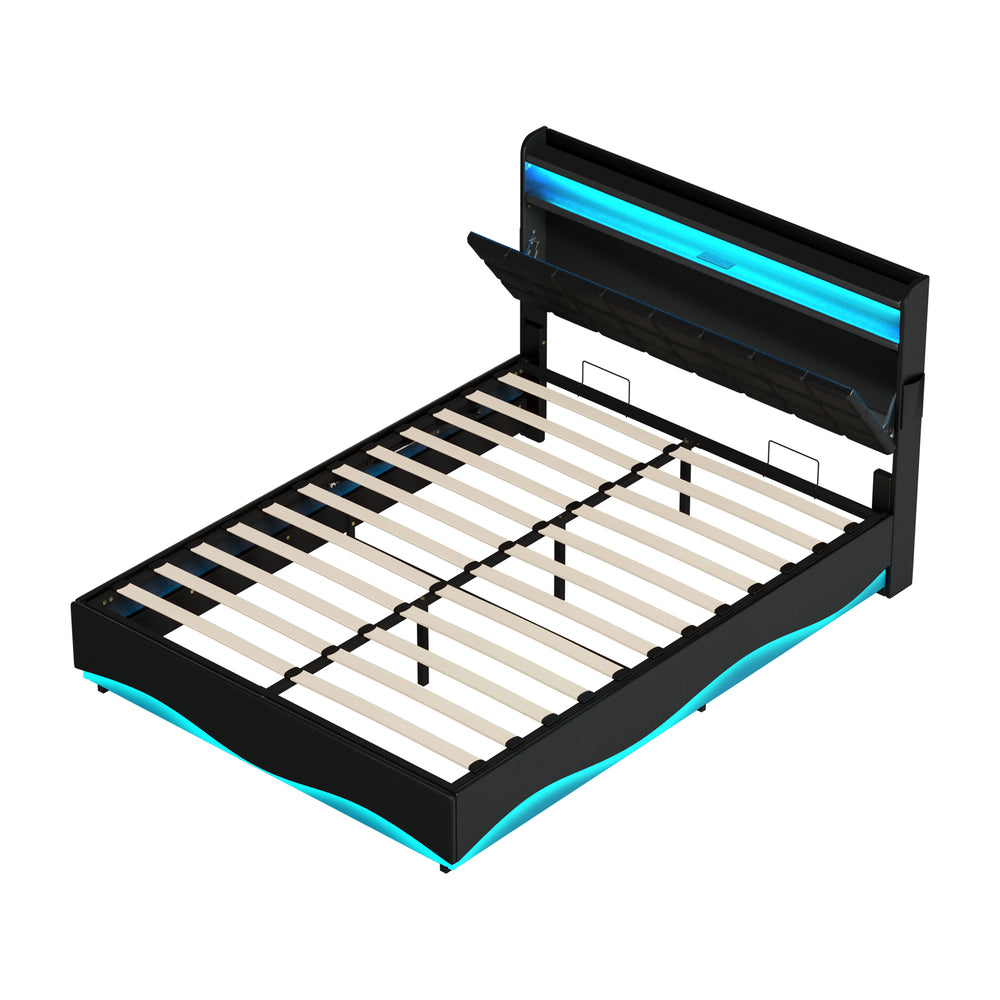 Nero LED Gas Lift Storage Bed with USB Charging | PU Leather Black LED Lights Bed Frame Dual Storage