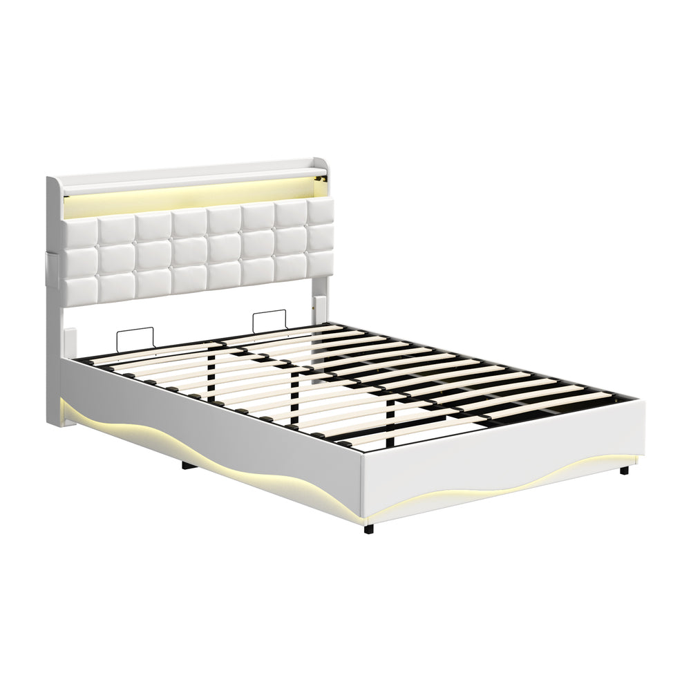 Monterro LED Gas Lift Storage Bed with USB Charging | PU Leather White LED Lights Bed Frame Dual Storage