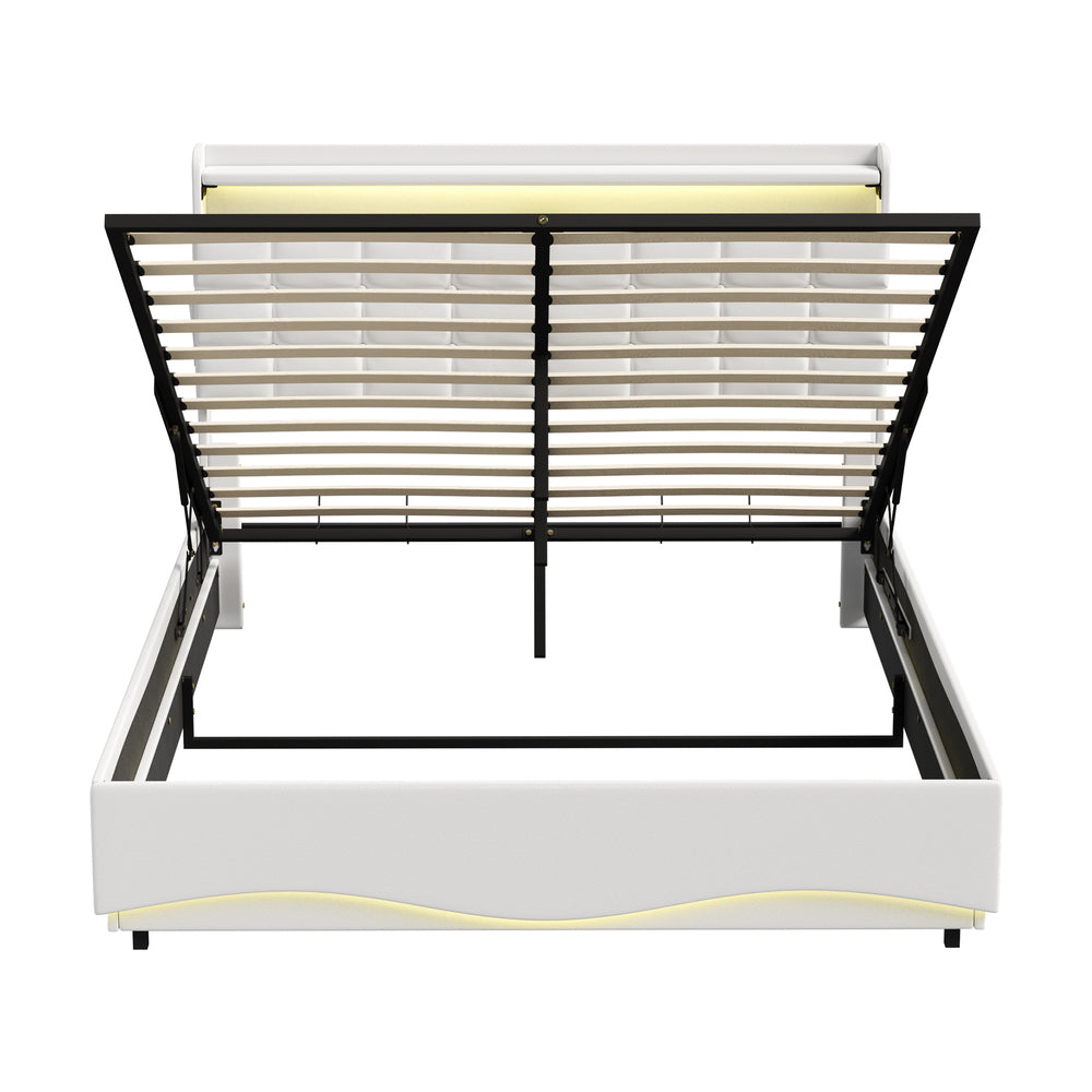 Monterro LED Gas Lift Storage Bed with USB Charging | PU Leather White LED Lights Bed Frame Dual Storage