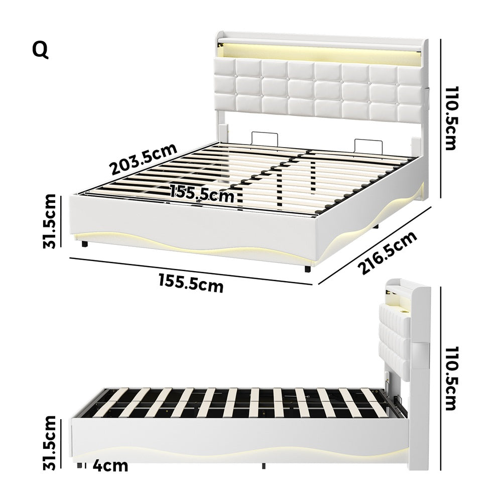 Monterro LED Gas Lift Storage Bed with USB Charging | PU Leather White LED Lights Bed Frame Dual Storage