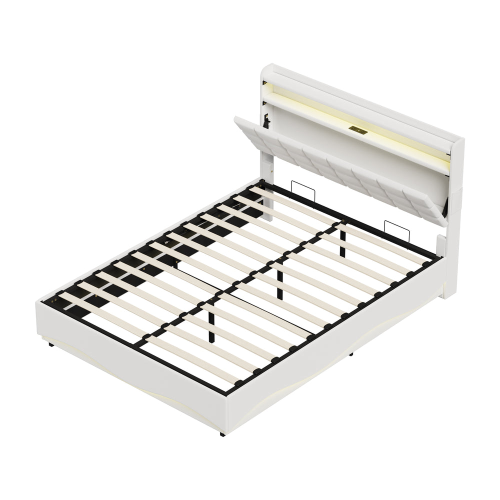 Monterro LED Gas Lift Storage Bed with USB Charging | PU Leather White LED Lights Bed Frame Dual Storage