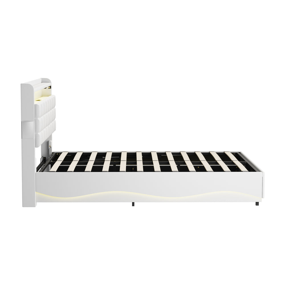 Monterro LED Gas Lift Storage Bed with USB Charging | PU Leather White LED Lights Bed Frame Dual Storage