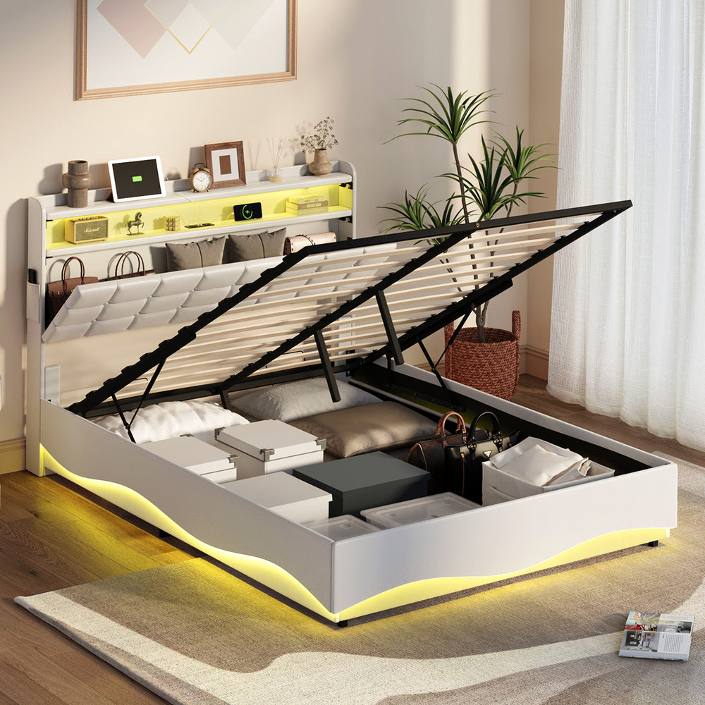 Monterro LED Gas Lift Storage Bed with USB Charging | PU Leather White LED Lights Bed Frame Dual Storage