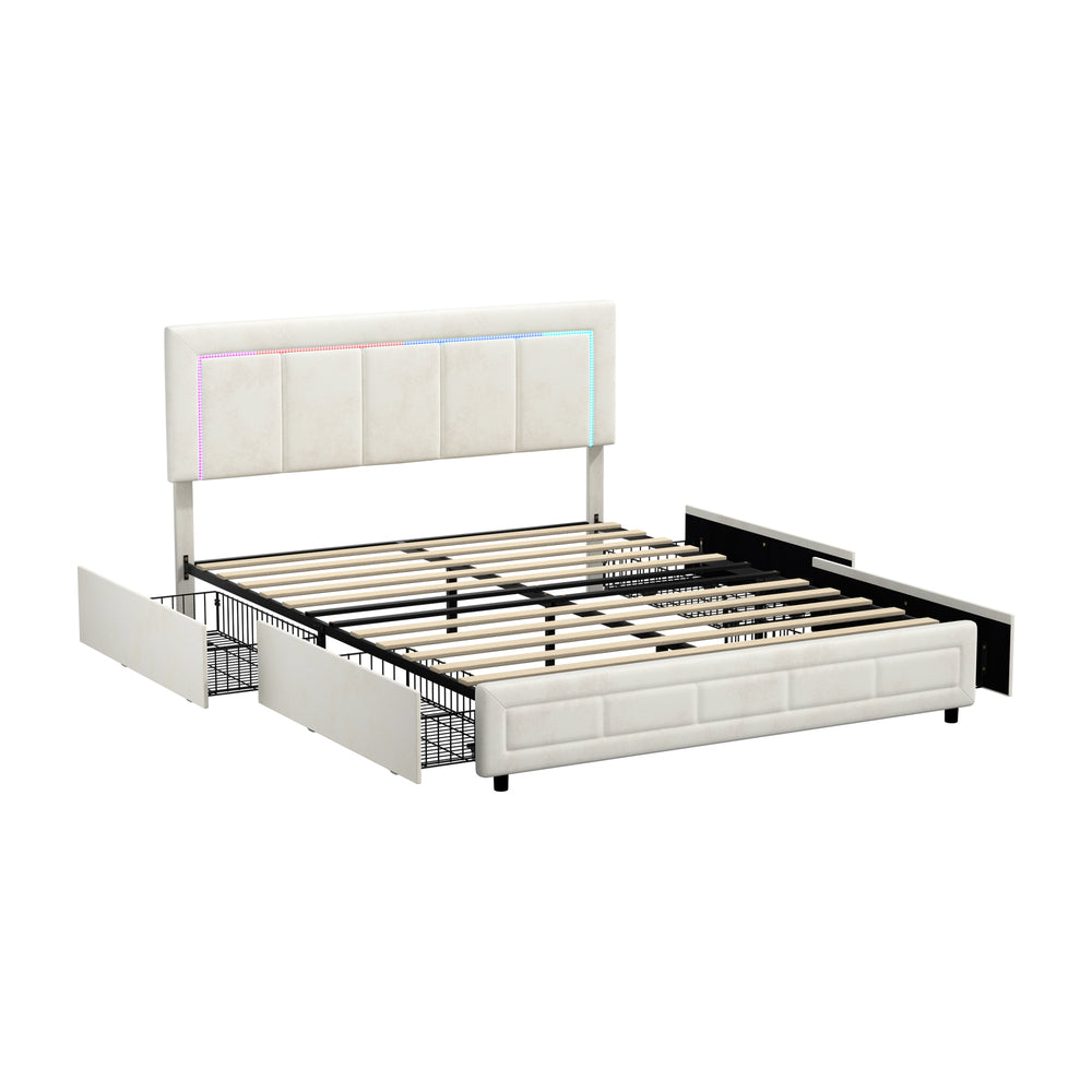 Marlisse 4 Draw Plush Velvet Beige Storage Bed | Adjustable Bedhead LED Lighting Padded Bed Frame