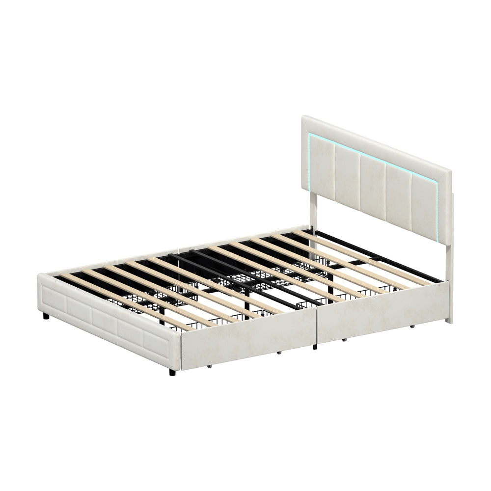 Marlisse 4 Draw Plush Velvet Beige Storage Bed | Adjustable Bedhead LED Lighting Padded Bed Frame