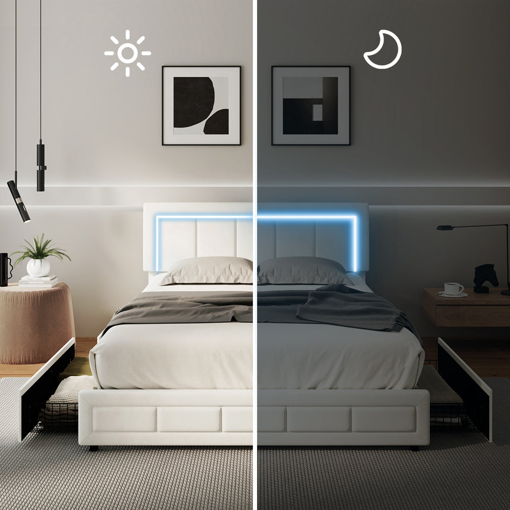 Marlisse 4 Draw Plush Velvet Beige Storage Bed | Adjustable Bedhead LED Lighting Padded Bed Frame