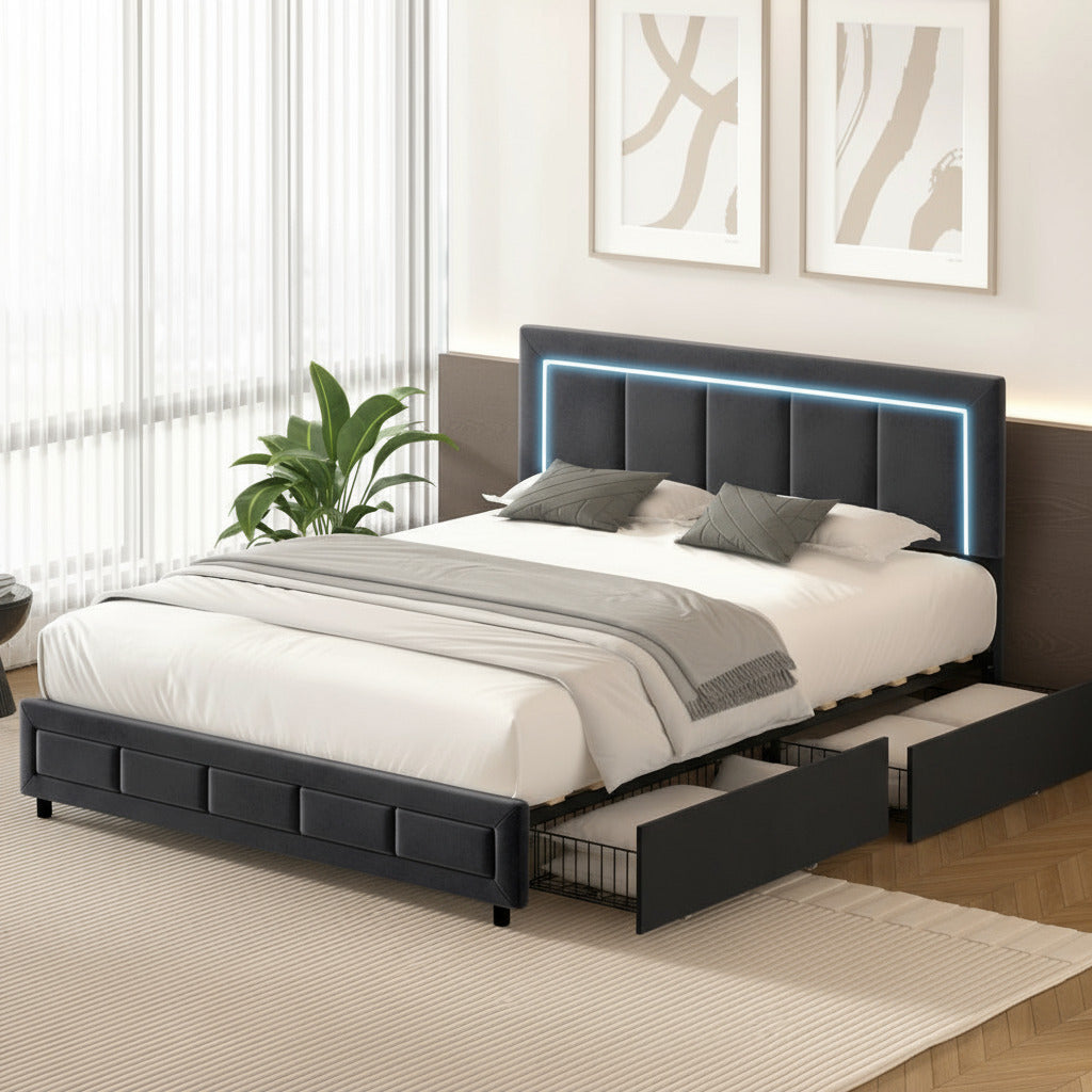 Marlisse 4 Draw Plush Velvet Black Storage Bed | Adjustable Bedhead LED Lighting Padded Bed Frame