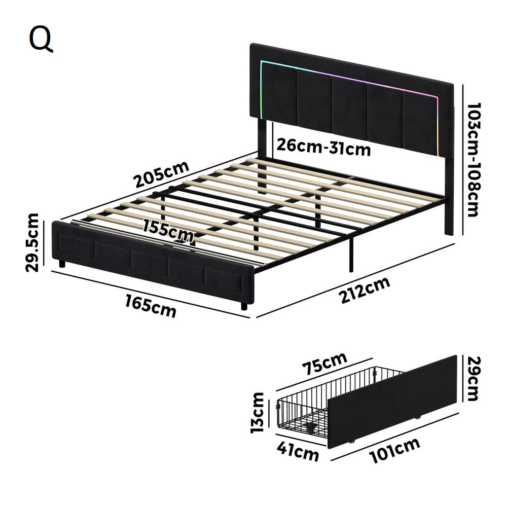 Marlisse 4 Draw Plush Velvet Black Storage Bed | Adjustable Bedhead LED Lighting Padded Bed Frame