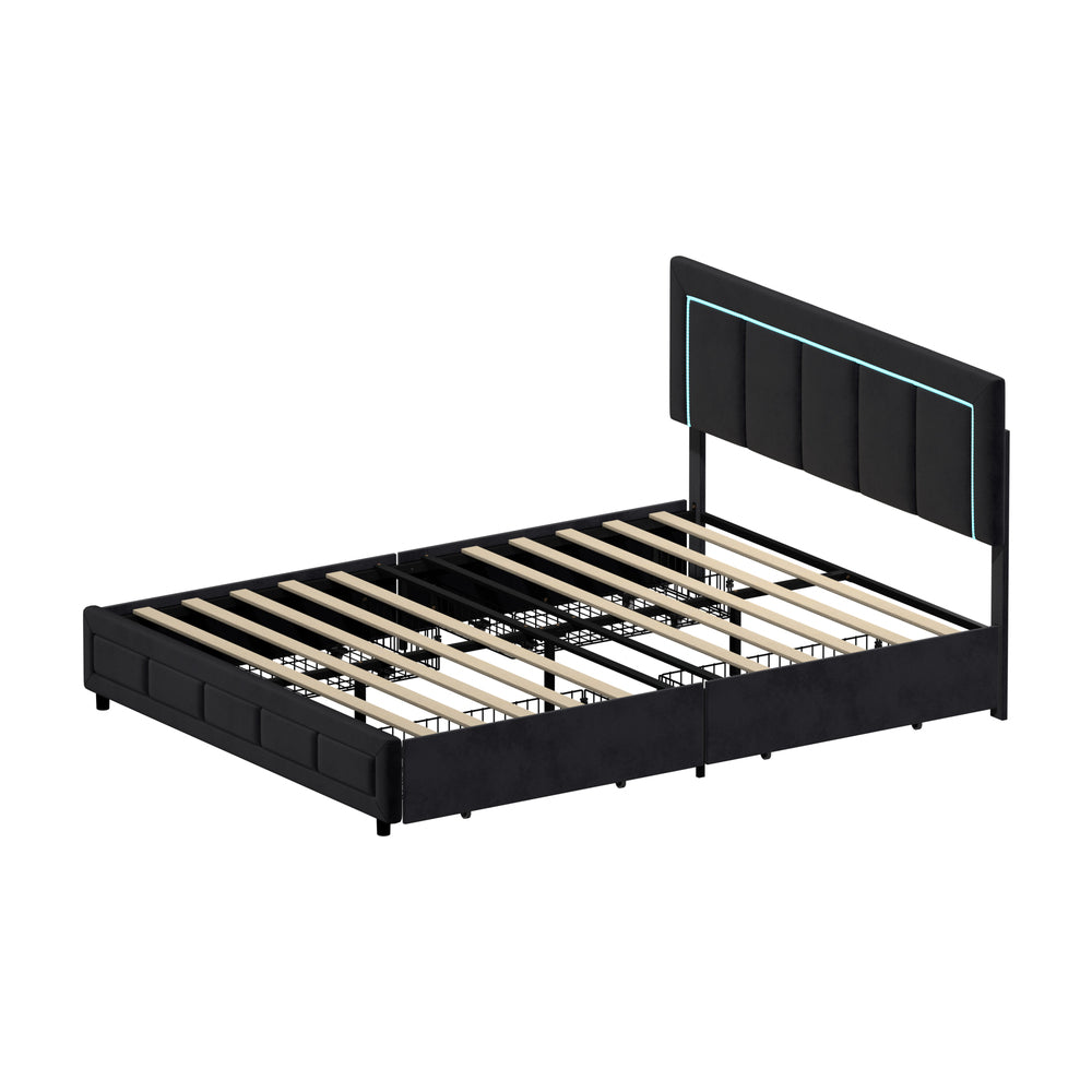 Marlisse 4 Draw Plush Velvet Black Storage Bed | Adjustable Bedhead LED Lighting Padded Bed Frame