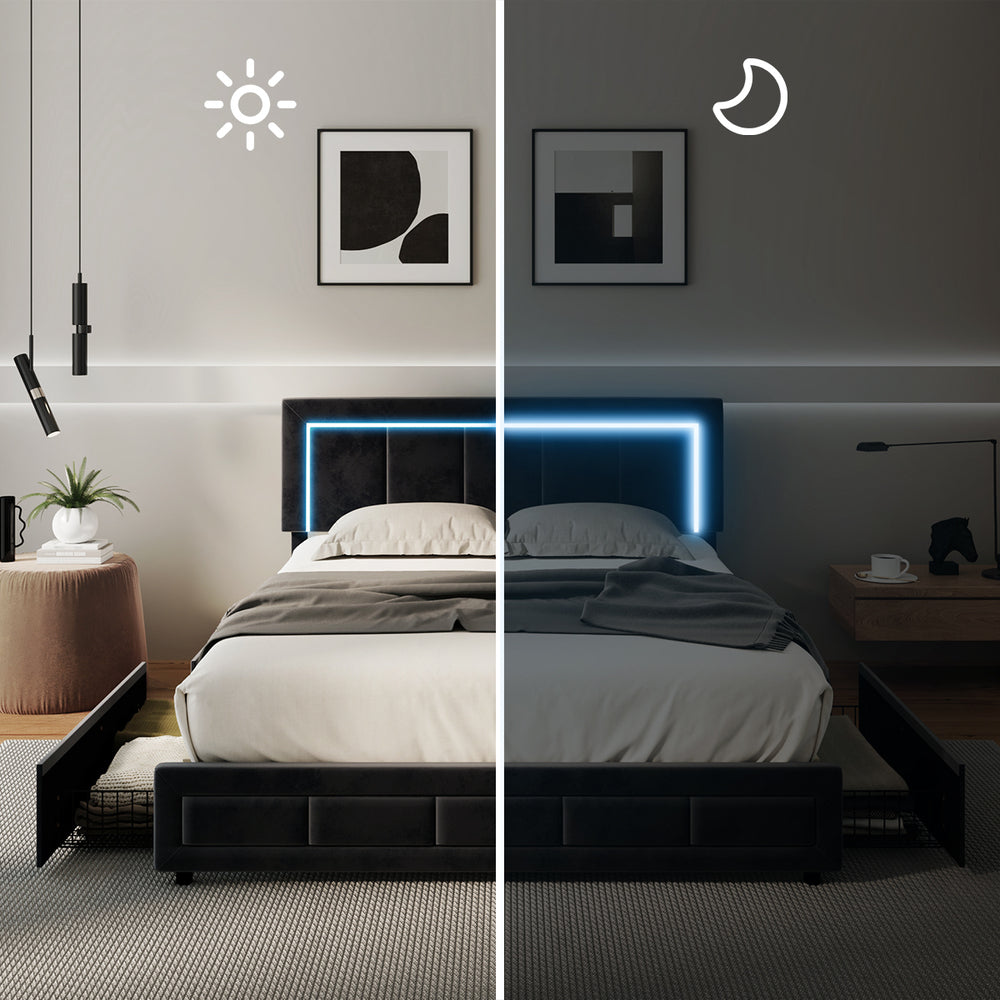 Marlisse 4 Draw Plush Velvet Black Storage Bed | Adjustable Bedhead LED Lighting Padded Bed Frame