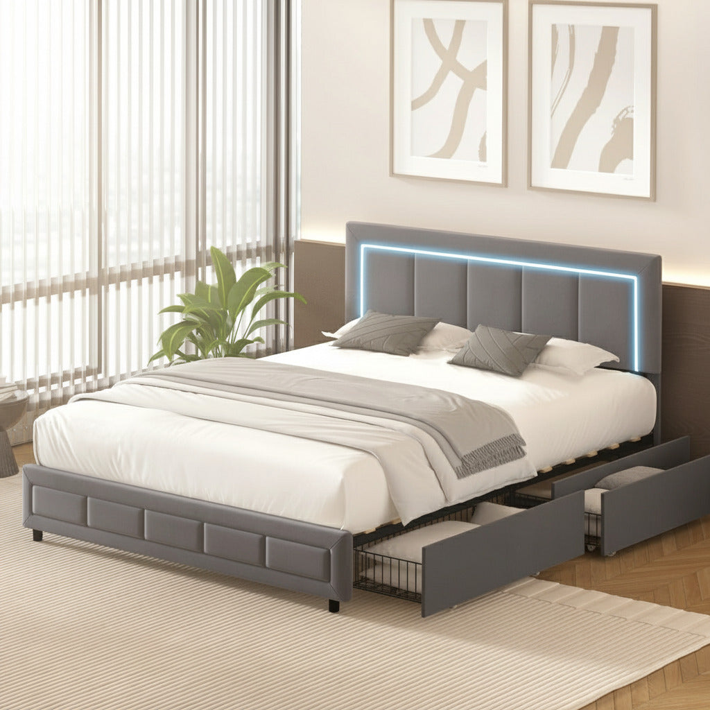 Marlisse 4 Draw Plush Velvet Grey Storage Bed | Adjustable Bedhead LED Lighting Padded Bed Frame