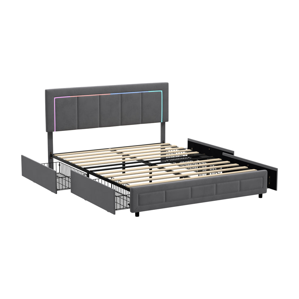 Marlisse 4 Draw Plush Velvet Grey Storage Bed | Adjustable Bedhead LED Lighting Padded Bed Frame