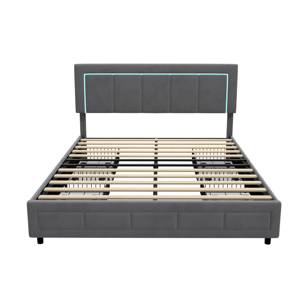 Marlisse 4 Draw Plush Velvet Grey Storage Bed | Adjustable Bedhead LED Lighting Padded Bed Frame