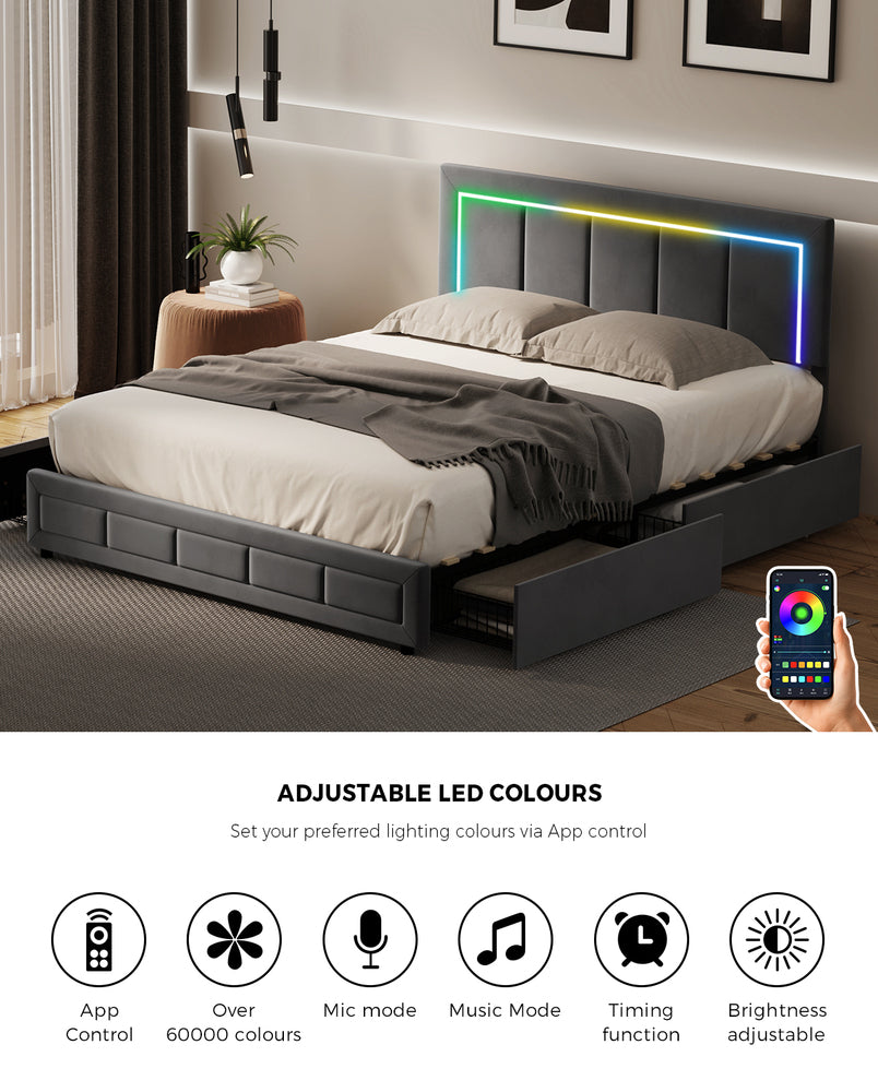 Marlisse 4 Draw Plush Velvet Grey Storage Bed | Adjustable Bedhead LED Lighting Padded Bed Frame