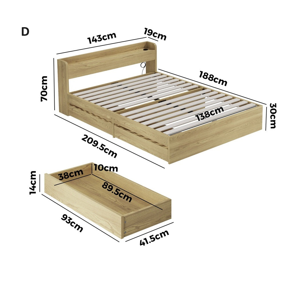 Sorrento 2 Drawer Storage Bed and 2 Charging Ports | Multi Storage Wood Style Bed Frame with USB Chargers