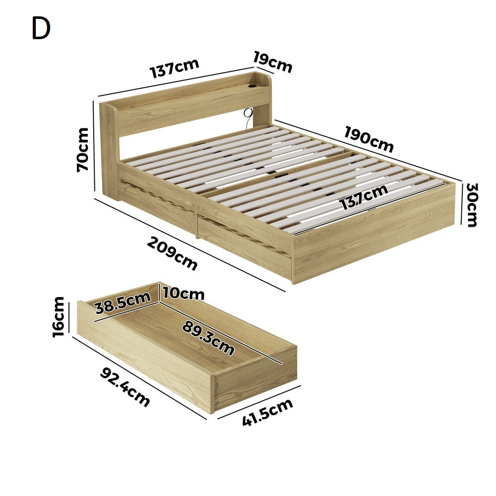 Sorrento 2 Drawer Storage Bed and 2 Charging Ports | Multi Storage Wood Style Bed Frame with USB Chargers