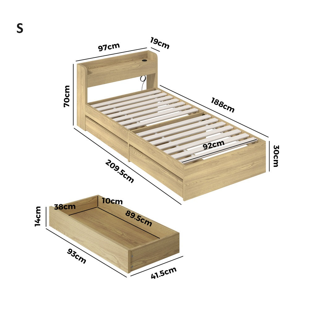 Sorrento 2 Drawer Storage Bed and 2 Charging Ports | Multi Storage Wood Style Bed Frame with USB Chargers