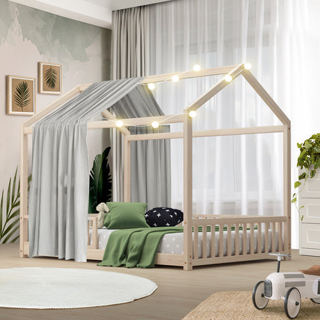 Scandi Wooden Kids House in Double Size | Novelty Kids Beds | Natural Finish Wooden Childrens Bed