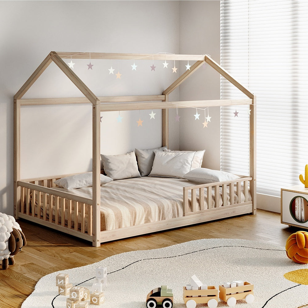 Scandi Wooden Kids House in Double Size | Novelty Kids Beds | Natural Finish Wooden Childrens Bed