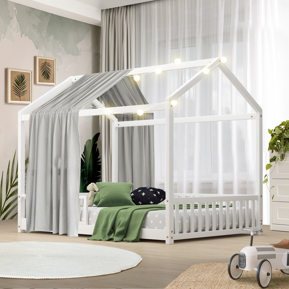 Scandi Wooden Kids House in Double Size | Novelty Kids Beds | White Wooden Childrens Bed