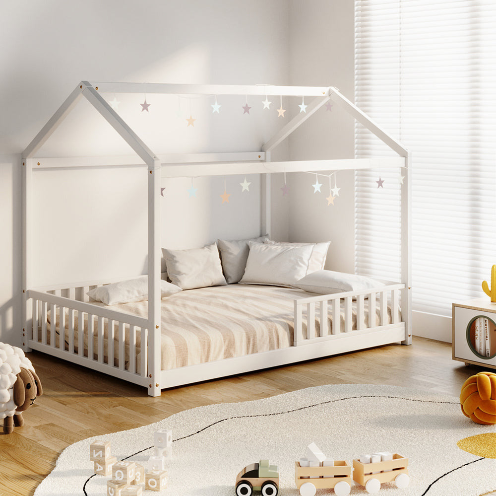Scandi Wooden Kids House in Double Size | Novelty Kids Beds | White Wooden Childrens Bed