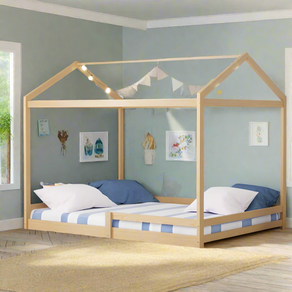Juno Double Size Wooden NZ Pine Kids House Bed with Fence | Kids House Style Double Bed Frame