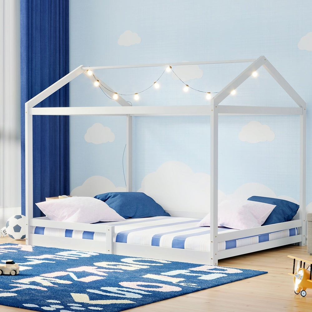 Juno Double Size Wooden NZ Pine Kids House Bed with Fence | Kids House Style Double Bed Frame