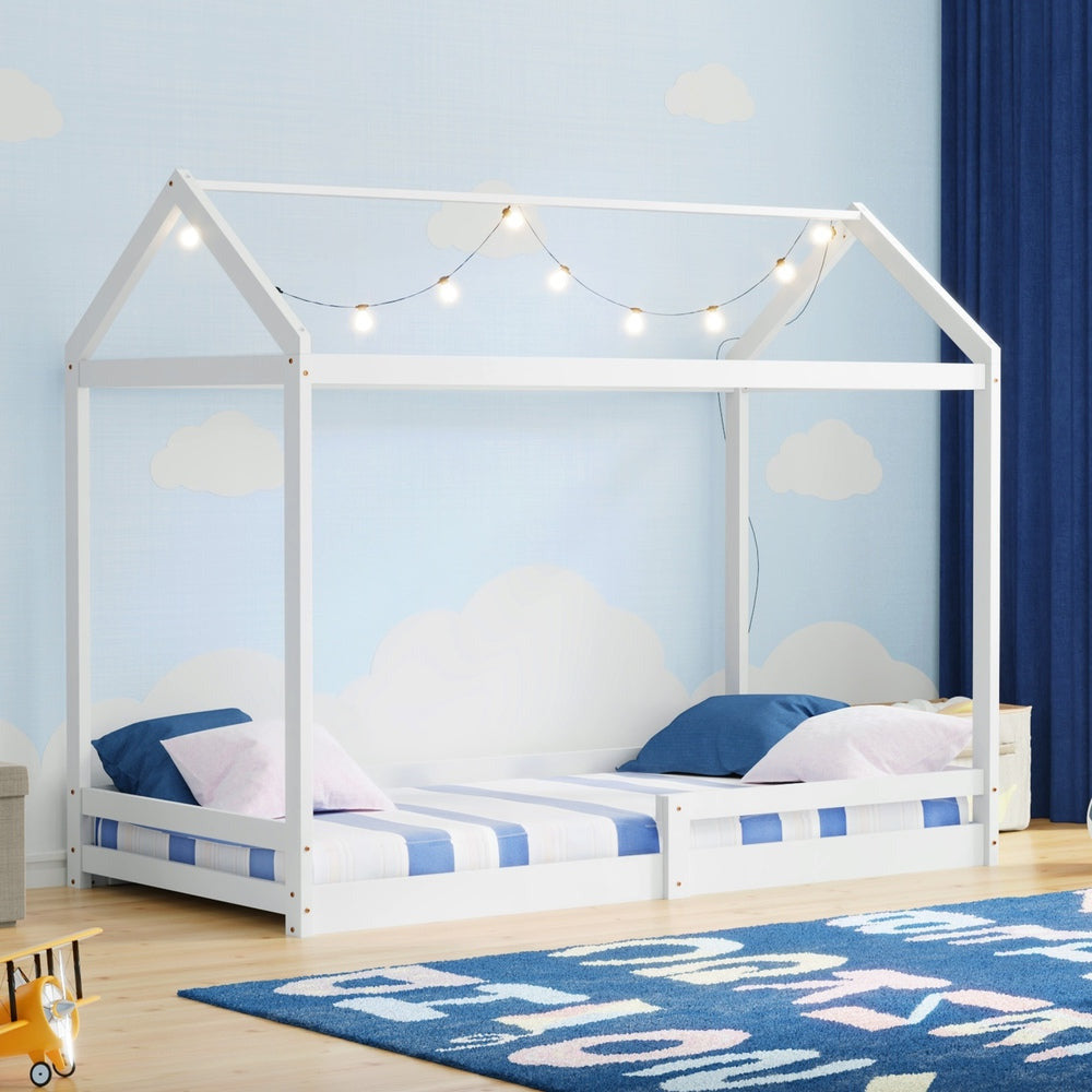 Juno Wooden NZ Pine Kids House Bed with Fence | Kids House Style Bed Frame in Single