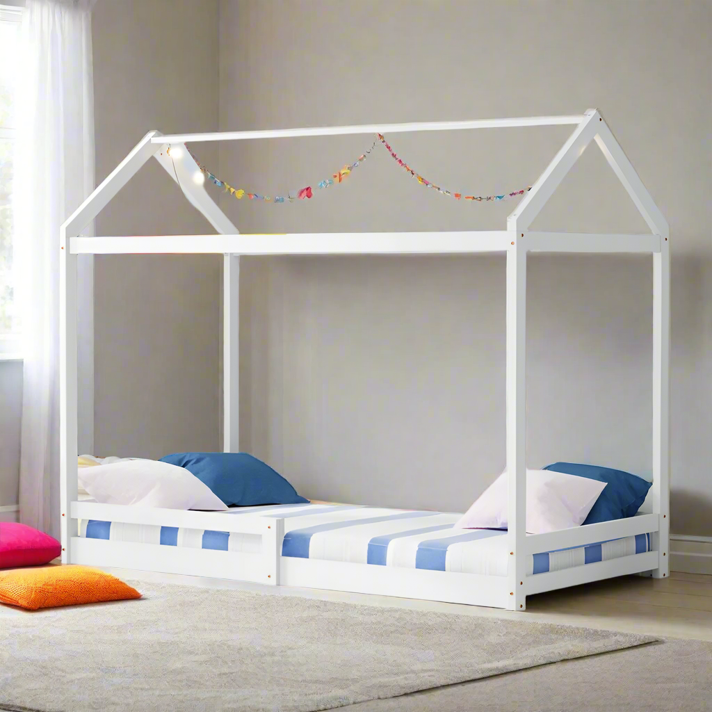 Juno Wooden NZ Pine Kids House Bed with Fence | Kids House Style Bed Frame in Single