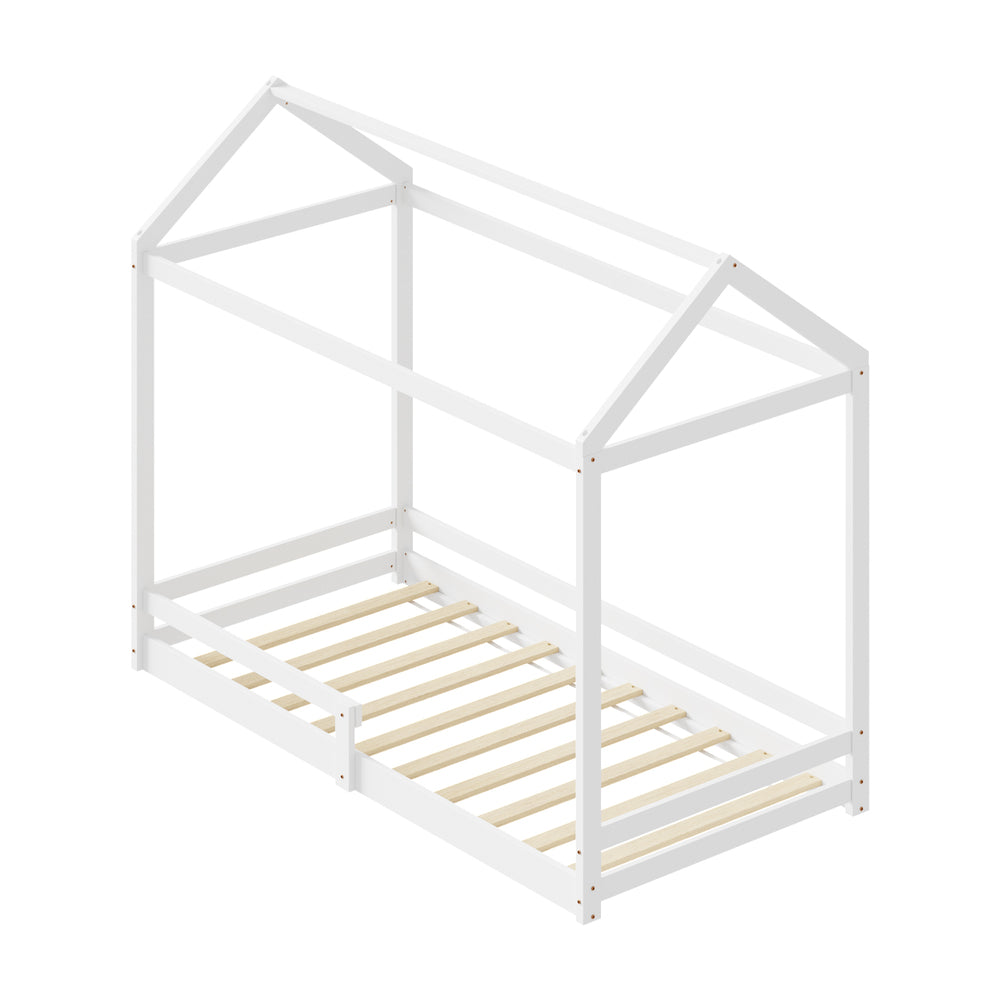 Juno Wooden NZ Pine Kids House Bed with Fence | Kids House Style Bed Frame in Single