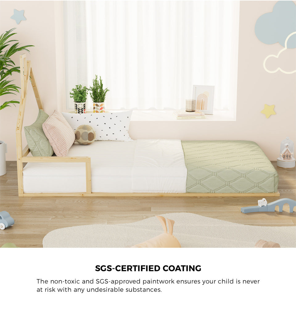 Reggio Luxe Premium Kids Chimney Floor Bed | King Single Size Childrens Wooden Low Profile Floor Bed